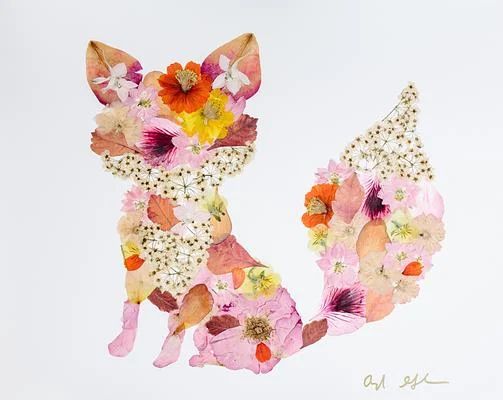 A fox shaped from pressed pink and orange petals