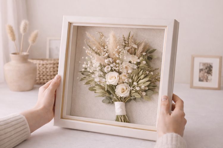Hands holding a white box frame with a preserved bridal bouquet